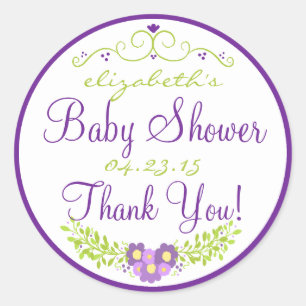 Baby Shower Purple Floral Thank You Classic Round Sticker