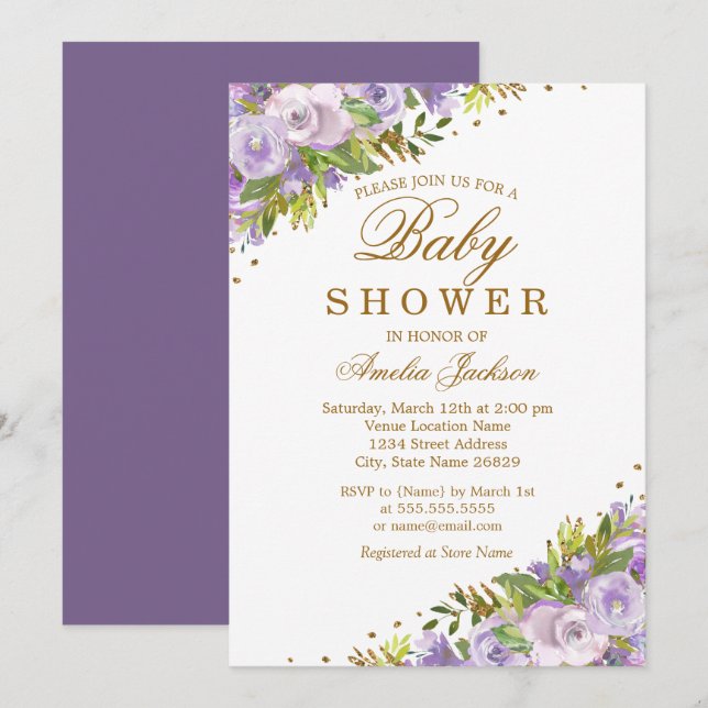 Baby Shower Purple Floral Watercolor Gold Invitation (Front/Back)