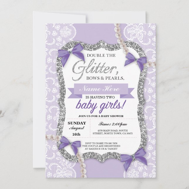Baby Shower Purple Glitter Bow Twins Girls Invite (Front)