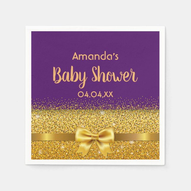 Baby Shower purple gold bow Napkin (Front)