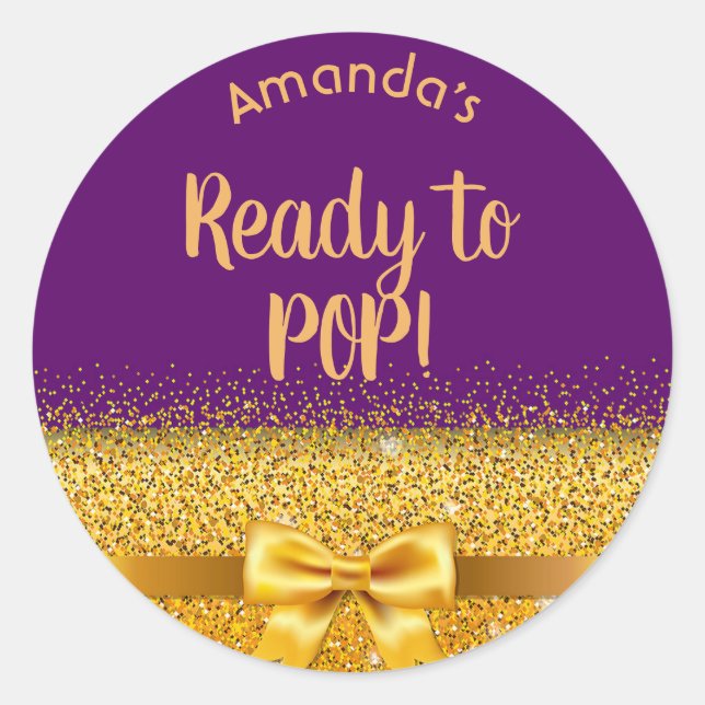 Baby Shower purple gold bow Ready to pop Classic Round Sticker (Front)