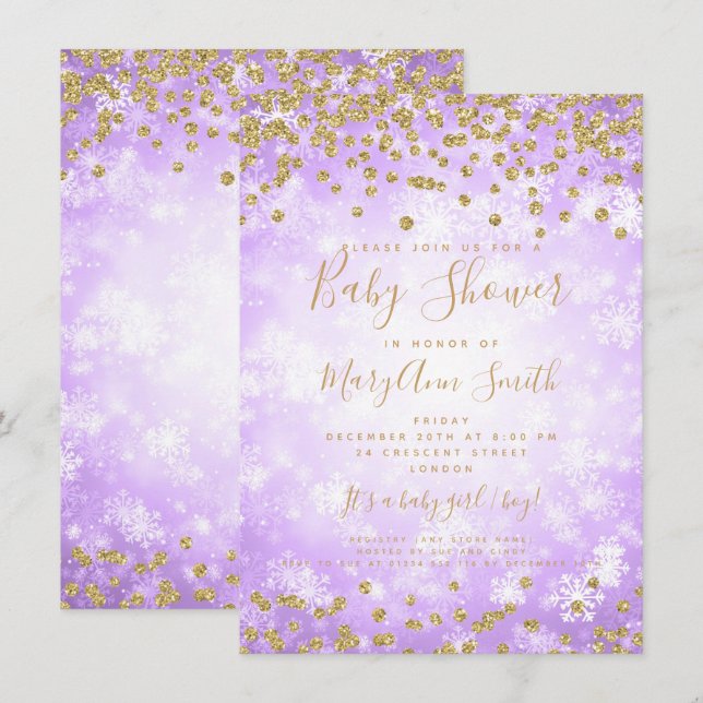 Baby Shower Purple Gold Glitter Winter Wonderland Invitation (Front/Back)