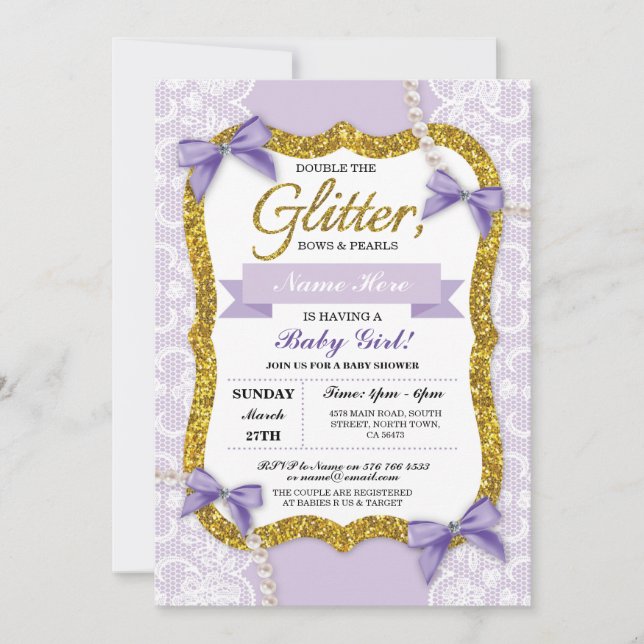 Baby Shower Purple Gold Lace Glitter Bow Girl Invitation (Front)