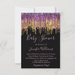 baby shower purple golden dripping glitters black  invitation