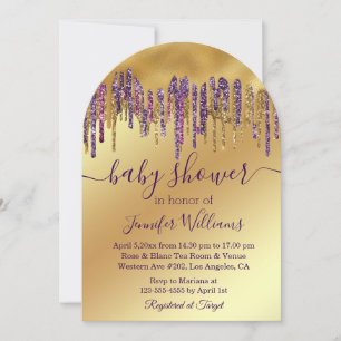 baby shower purple golden dripping glitters metal  invitation