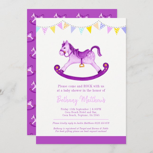 Baby shower purple rocking horse bunting invitation (Front/Back)