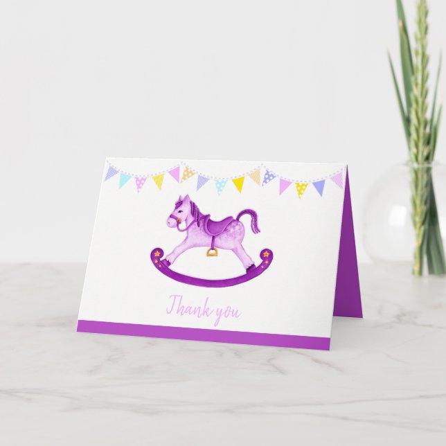 Baby shower purple rocking horse watercolor art card (Front)