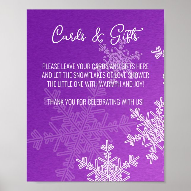 Baby Shower Purple Snowflakes Cards and Gifts Sign (Front)