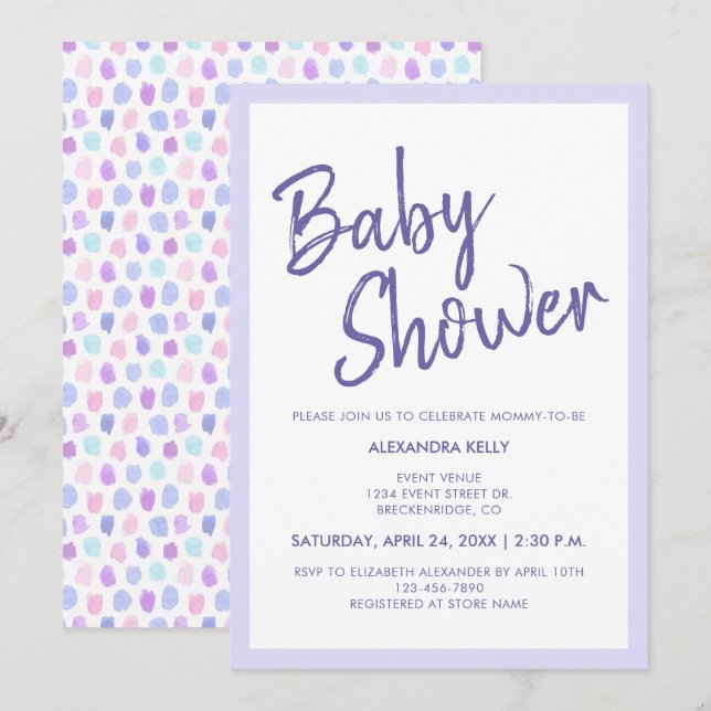 Baby Shower Purple Typography Watercolor Pastels Invitation (Front/Back)