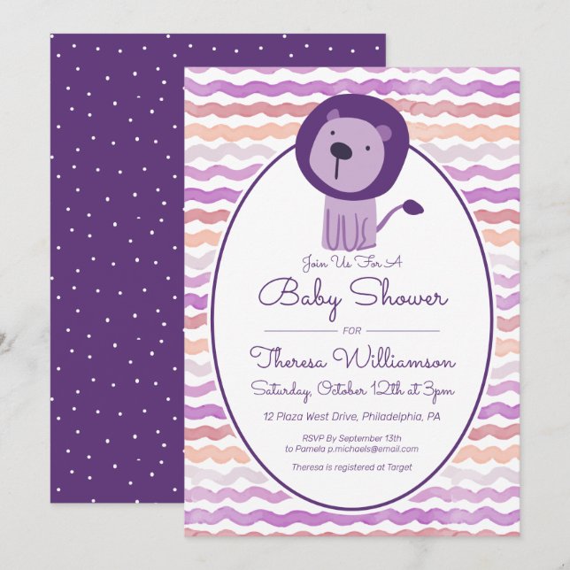 BABY SHOWER | Purple Watercolor Lion Invitation (Front/Back)