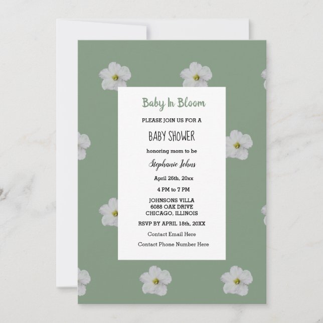 Baby Shower QR Code Floral Bloom Sage Green Cute Invitation (Front)