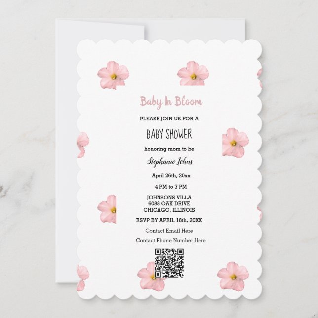 Baby Shower QR Code Pink Floral Baby In Bloom Cute Invitation (Front)