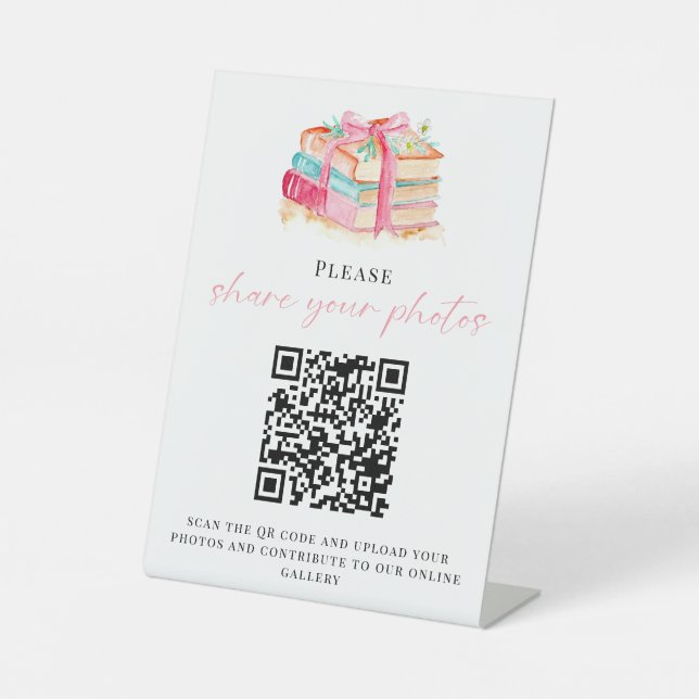 Baby Shower QR Code Share your Photos Books Theme Pedestal Sign (Front)