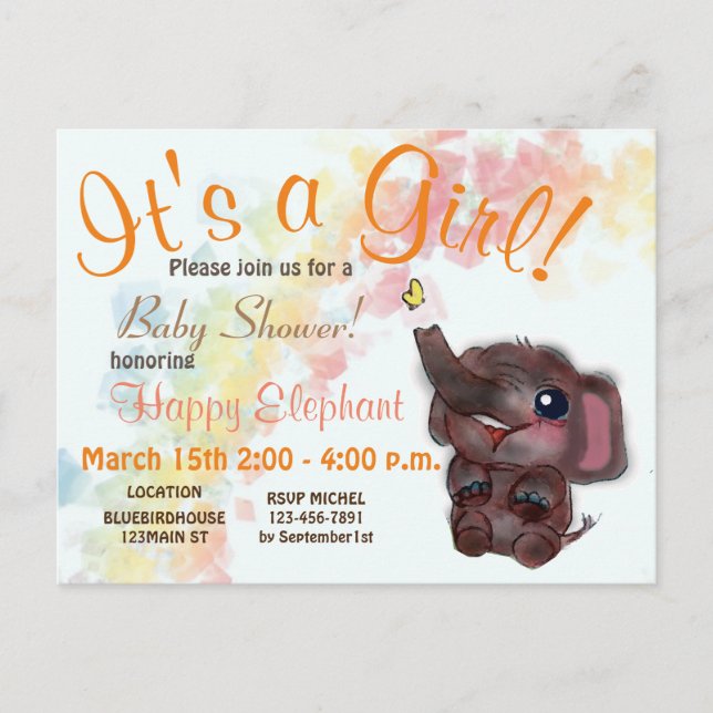 Baby Shower Rainbow and Elephant Doodle Art Announ Announcement Postcard (Front)