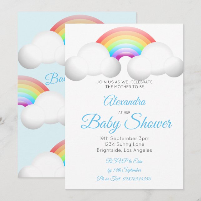 Baby Shower Rainbow Clouds Colourful Blue Invitation (Front/Back)