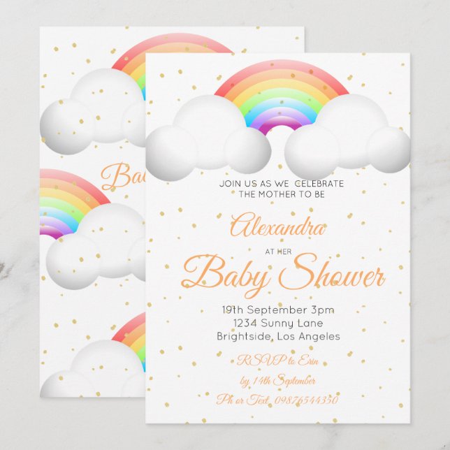 Baby Shower Rainbow Clouds Colourful Gold Spots Invitation (Front/Back)