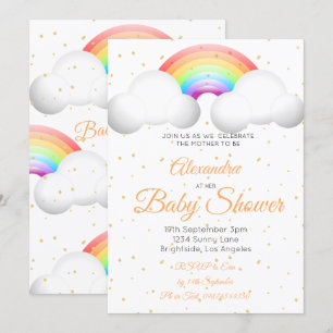 Baby Shower Rainbow Clouds Colourful Gold Spots Invitation
