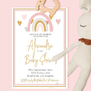 Baby Shower Rainbow Hearts Pink Invitation