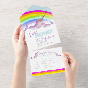Baby shower rainbow narwhals  watercolor all in one invitation