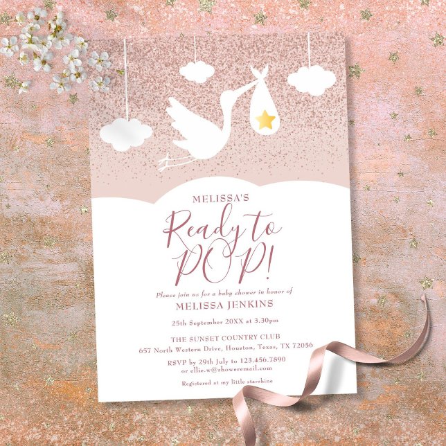 Baby Shower Ready to Pop Stork Rose Gold Glitter Invitation (Baby Shower Ready to Pop Stork Rose Gold Glitter Invitation)