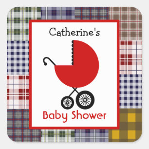 Baby Shower Red Carriage & Plaid Patchwork Square Sticker
