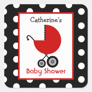 Baby Shower Red Carriage & Polka Dots Square Sticker