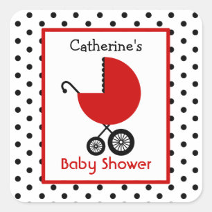 Baby Shower Red Carriage & Polka Dots Square Sticker