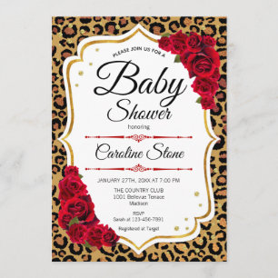 Baby Shower - Red Gold Leopard Print Invitation
