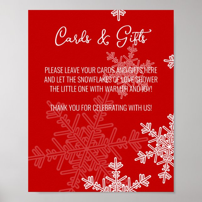Baby Shower Red Snowflakes Cards and Gifts Sign (Front)