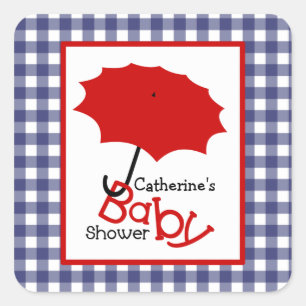 Baby Shower Red Umbrella & Blue Gingham Square Sticker