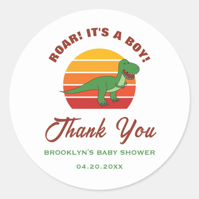 Baby Shower Retro Sunset Dinosaur Roar Its A Boy Classic Round Sticker (Front)