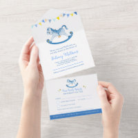 Baby shower rocking hobby horse blue watercolor al