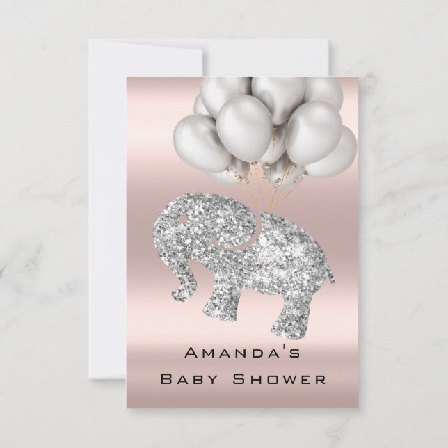 Baby Shower Rose Balloon Elephant Girl Boy Silver Invitation (Back)