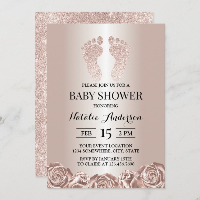 Baby Shower Rose Gold Baby Feet Modern Floral Invitation (Front/Back)
