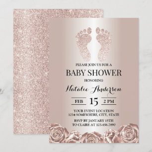Baby Shower Rose Gold Baby Feet Modern Floral Invitation