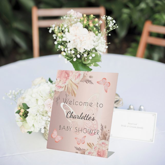 Baby Shower rose gold blush butterfly welcome Pedestal Sign (Creator Uploaded)