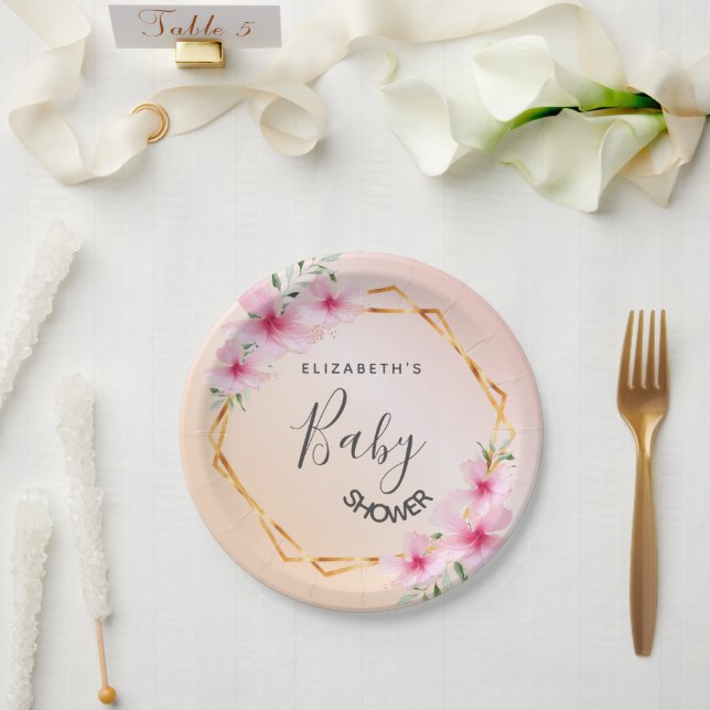Baby Shower rose gold blush pink florals geometric Paper Plate (Wedding)