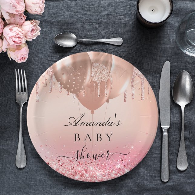 Baby shower rose gold blush pink glitter name paper plate (Creator Uploaded)