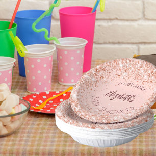 Baby Shower rose gold confetti girl name Paper Plate