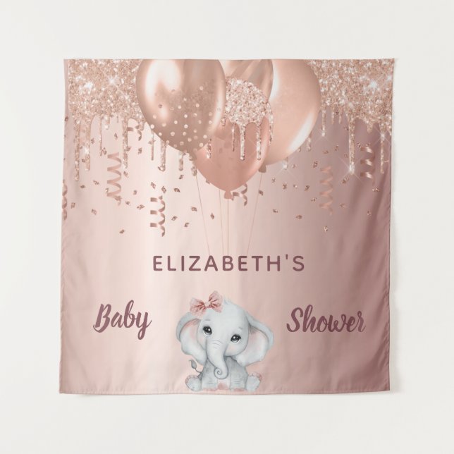 Baby Shower rose gold elephant girl balloons Tapestry (Front)