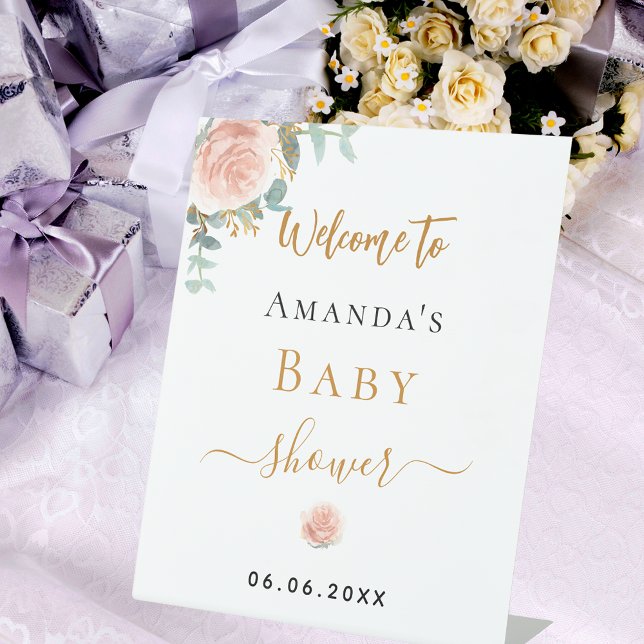 Baby Shower rose gold floral eucalyptus welcome Pedestal Sign (Creator Uploaded)