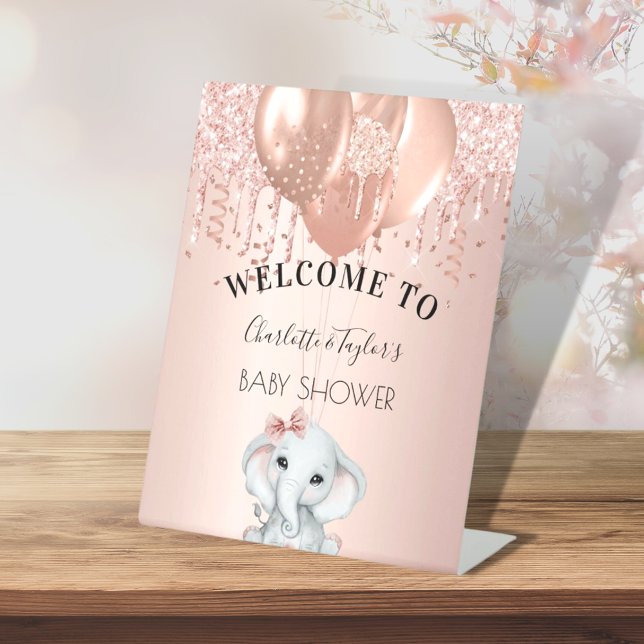 Baby Shower rose gold girl elephant balloons  Pedestal Sign (Creator Uploaded)