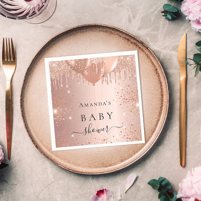 Baby Shower rose gold glitter balloons girl Napkin (Creator Uploaded)