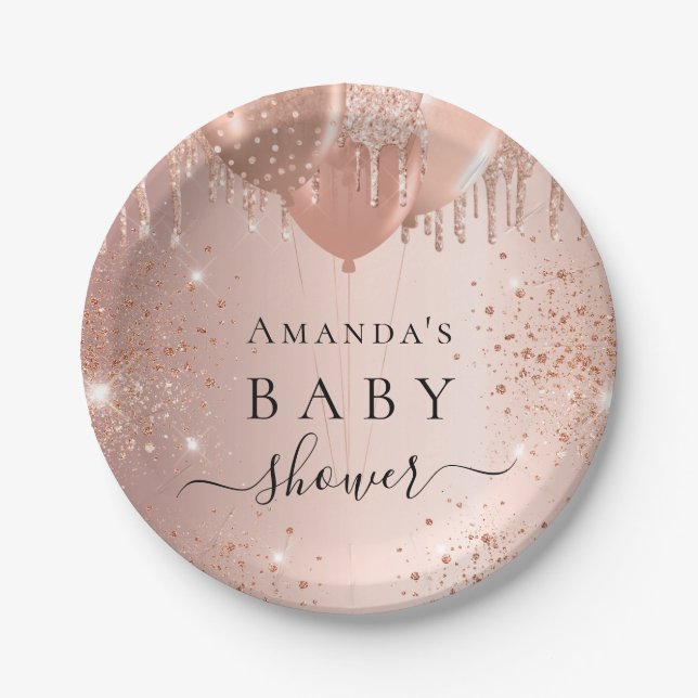 Baby Shower rose gold glitter balloons glam Paper Plate (Front)