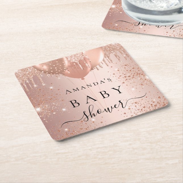 Baby Shower rose gold glitter balloons glamourous Square Paper Coaster (Angled)