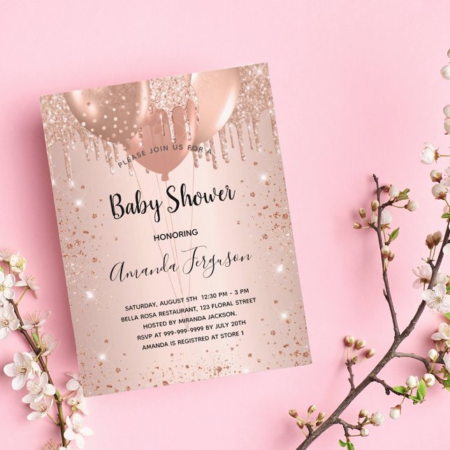 Baby Shower rose gold glitter drops balloons girl Invitation Postcard (Creator Uploaded)