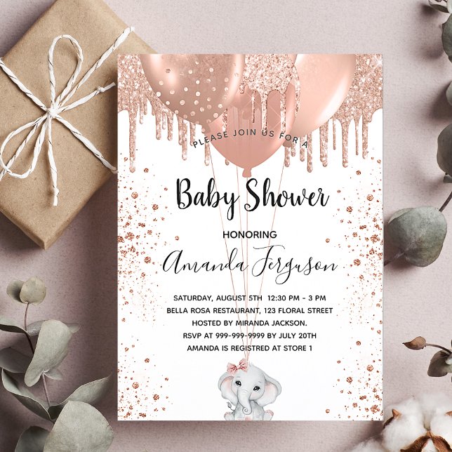 Baby Shower rose gold glitter elephant balloons  Invitation (Creator Uploaded)