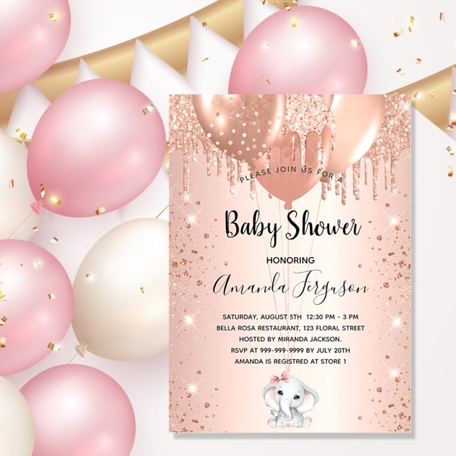 Baby Shower rose gold glitter elephant balloons Invitation Postcard (Creator Uploaded)