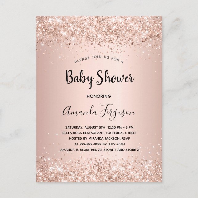 Baby Shower rose gold glitter metal girl  Invitation Postcard (Front)