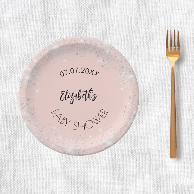 Baby Shower rose gold silver glitter girl name Paper Plate (Creator Uploaded)
